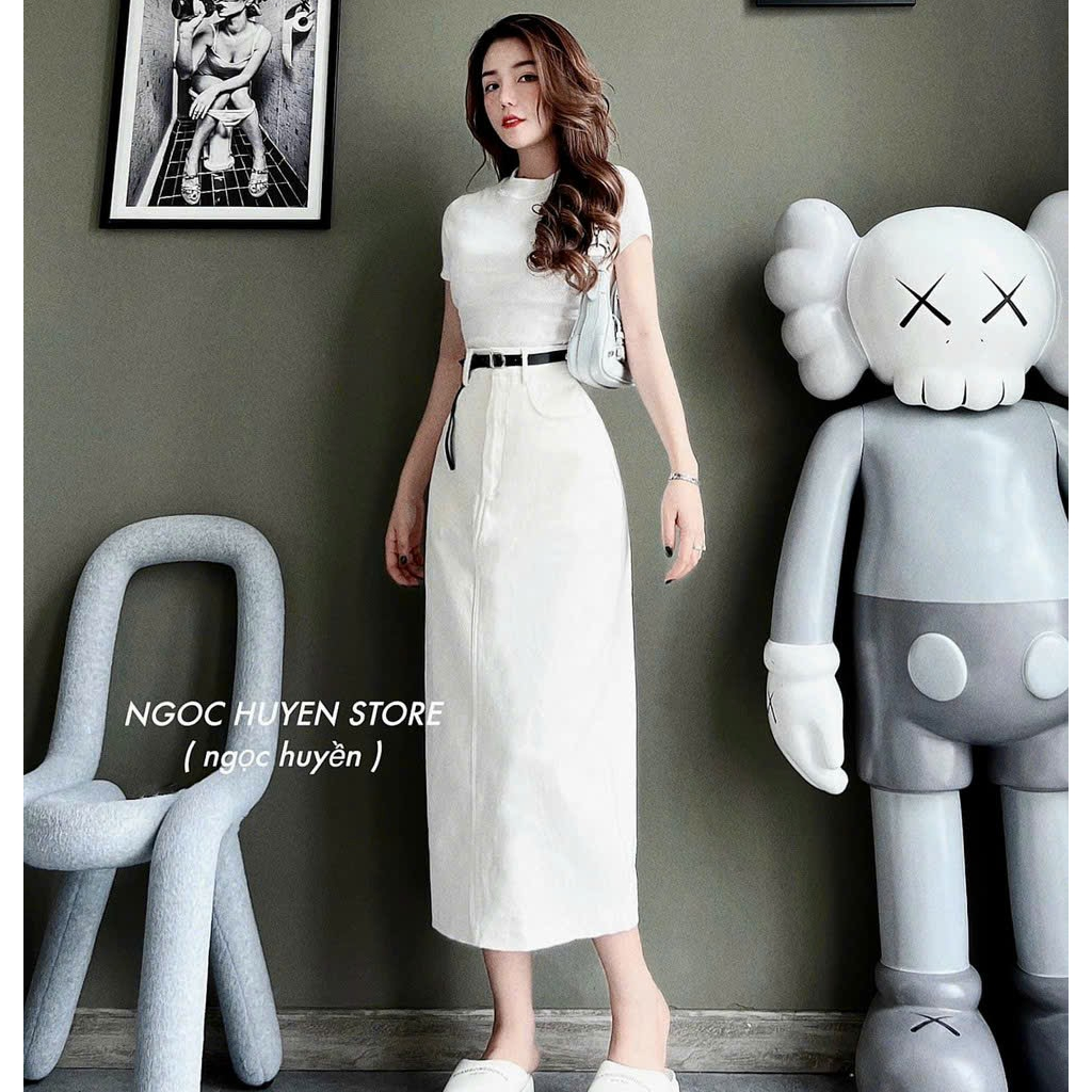 Set váy áo borip trơn body phối chân váy dài kaki với kèm đai nịt tone màu trẻ trung, phù hợp mặc đi chơi, đi làm xinh