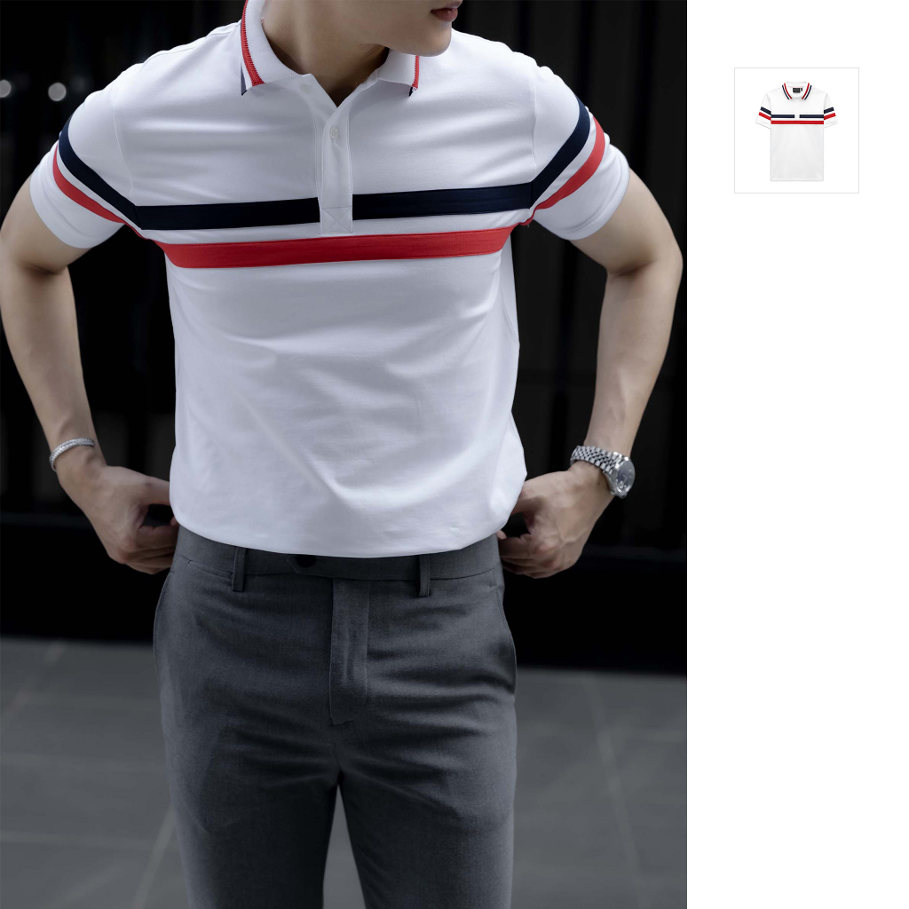 Áo Polo Nam Color Parallel White, Chất Vải Cá Xấu Cotton Thoải Mái, PL0050-01,SOMEHOW