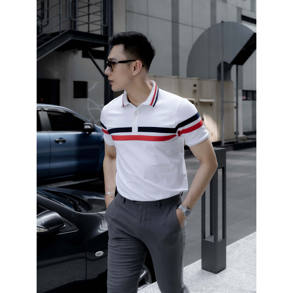 Áo Polo Nam Color Parallel White, Chất Vải Cá Xấu Cotton Thoải Mái, PL0050-01,SOMEHOW