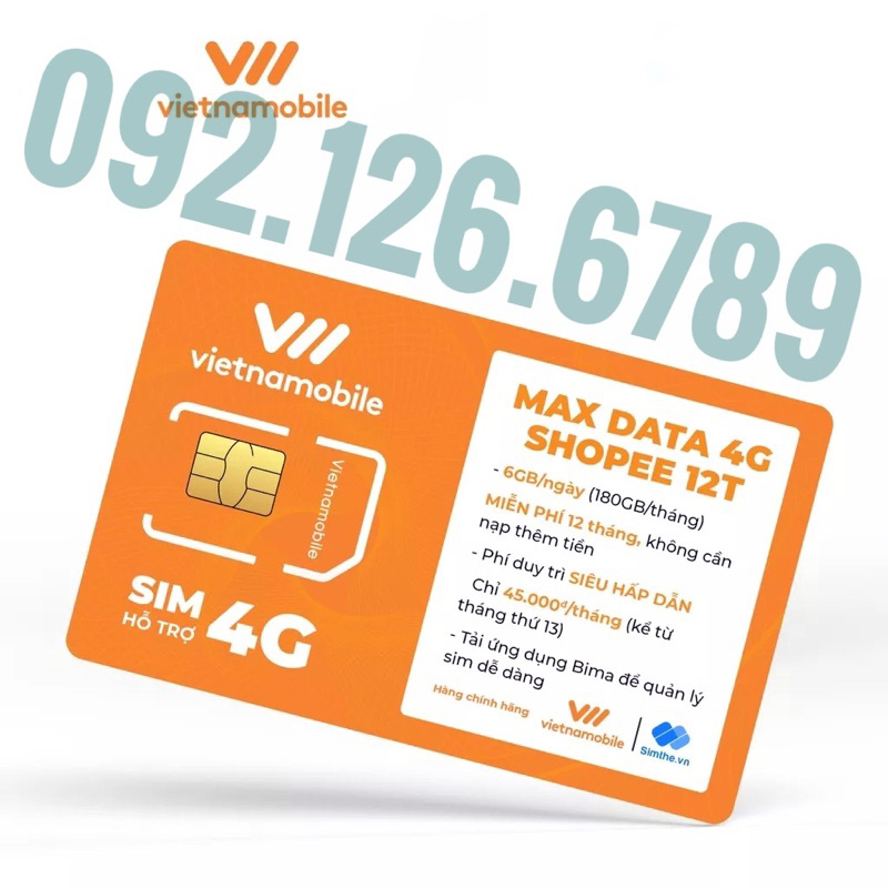 Sim data 4g 1 năm vietnamobile 6GB/Ngày 180GB/Tháng miễn phí 12 tháng ĐĂNG KÍ CHÍNH CHỦ