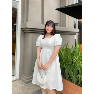 OOTD BIGSIZE | Đầm midi xốp viền châu cổ vuông