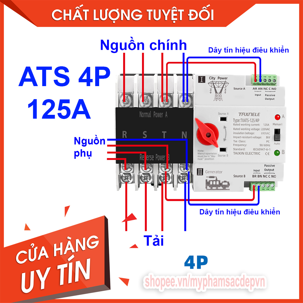 ATS chuyển mạch nhanh 2 nguồn độc lập tự động 3 pha 4P 125A Chuyển nguồn tự động không gián đoạn 3 phase ATS 4P 125A