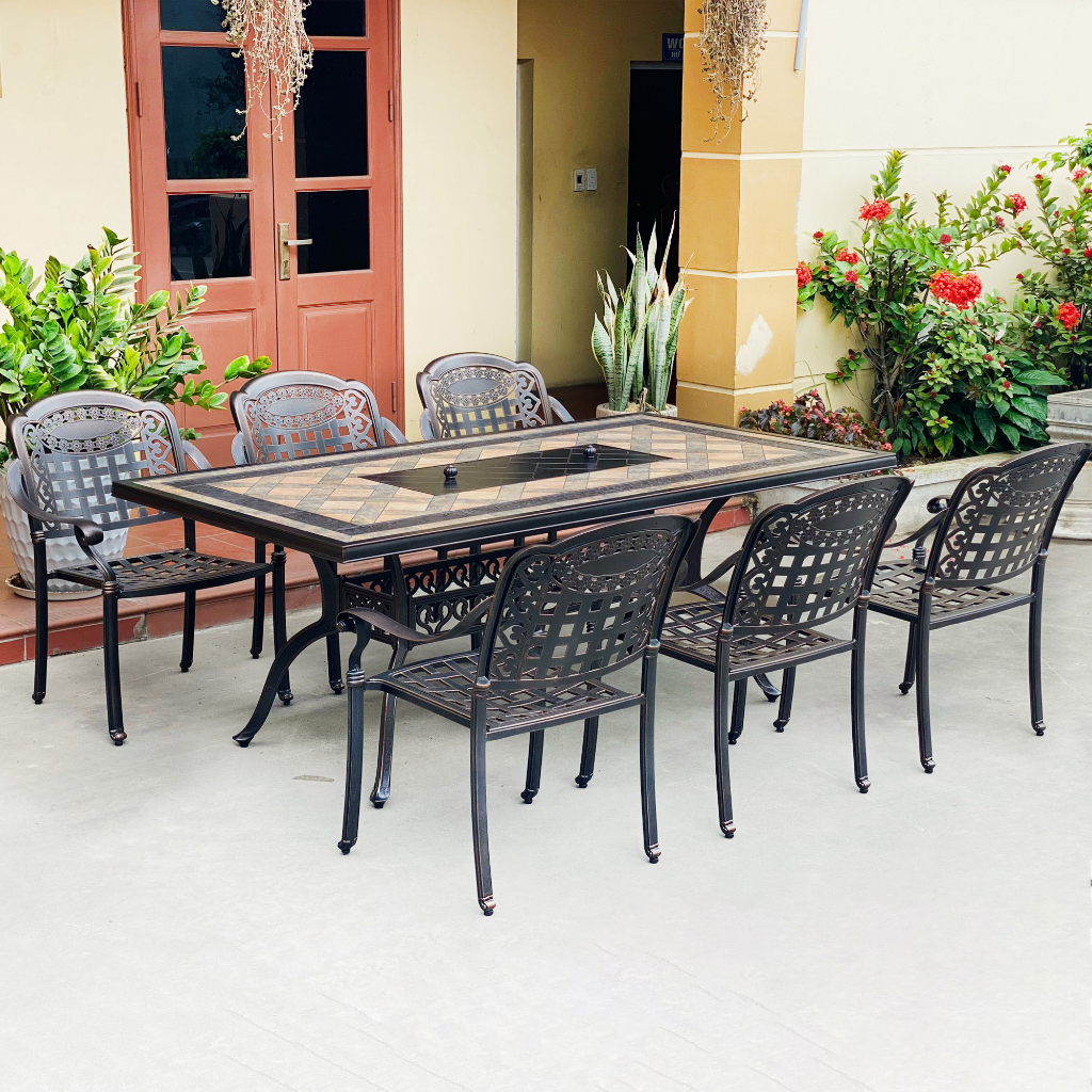 Bộ bàn 6 ghế sân vườn FUNHOUSE kết hợp với bếp nướng, khung nhôm đúc
