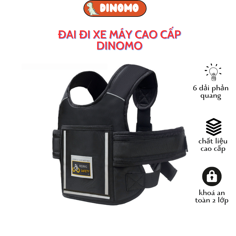 Đai đi xe máy DINOMO loại cao cấp cho bé 1-12 tuổi, 6 dải phản quang, có túi đựng đồ, chất liệu cao cấp