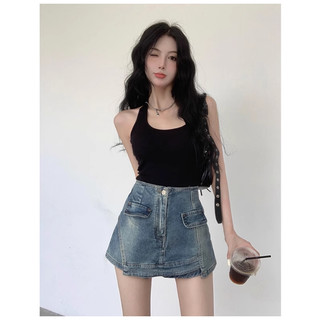 Chân váy jeans chữ A dáng ngắn cạp cao có quần trong cao cấp, Váy Denim nữ màu xanh phong cách Ulzzang