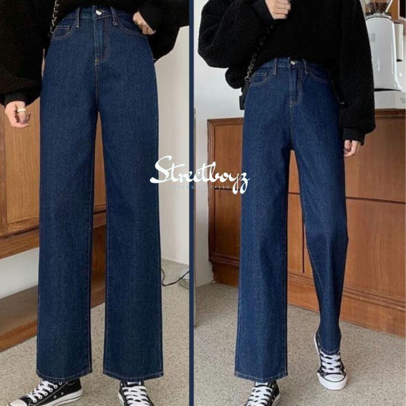 Quần Jean Nữ Ống Rộng Lưng Cao Dáng Suông Phong Cách Ulzzang Cực Chất Màu Xanh Đậm