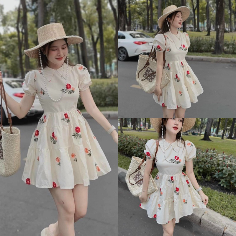 đầm babydoll xô thêu cổ sen