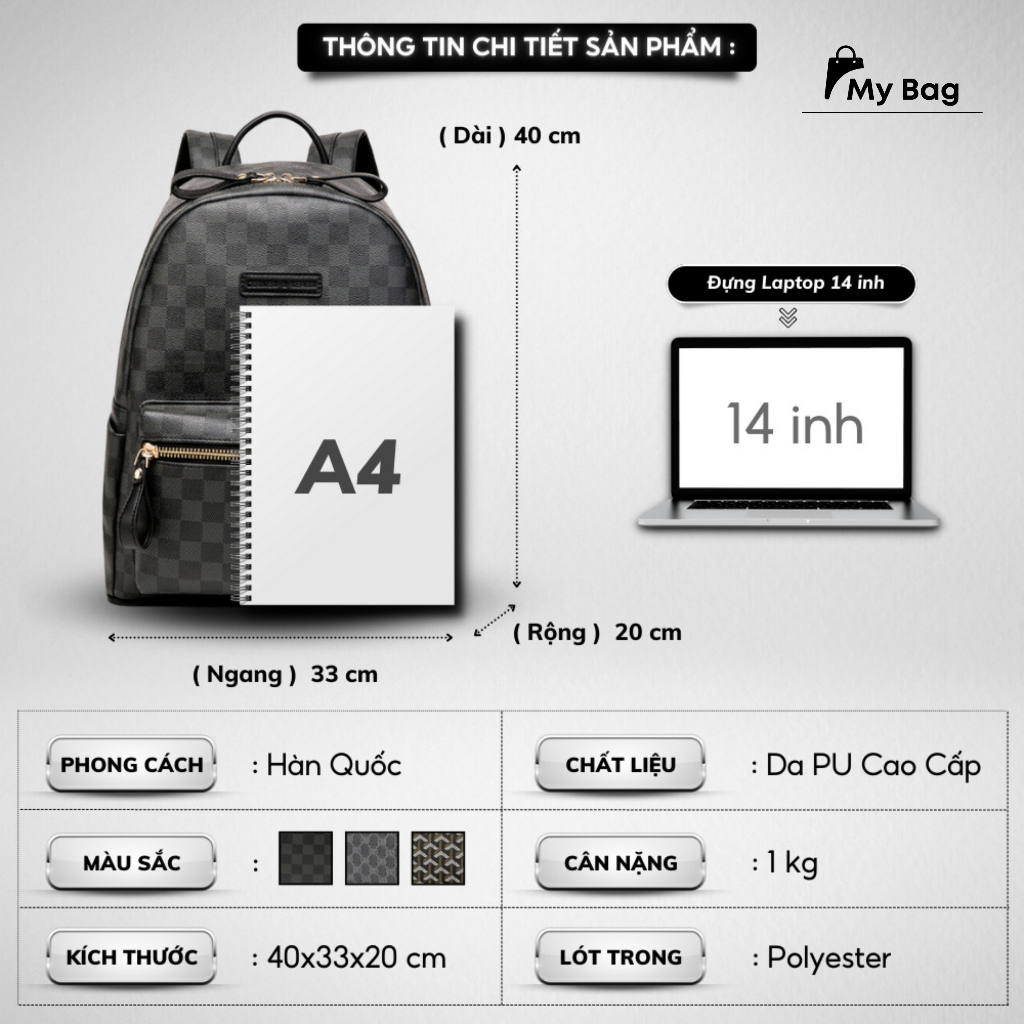 Balo Da Lv Thời Trang Nam Nữ Balo sọc caro da PU Cao Cấp chống nước