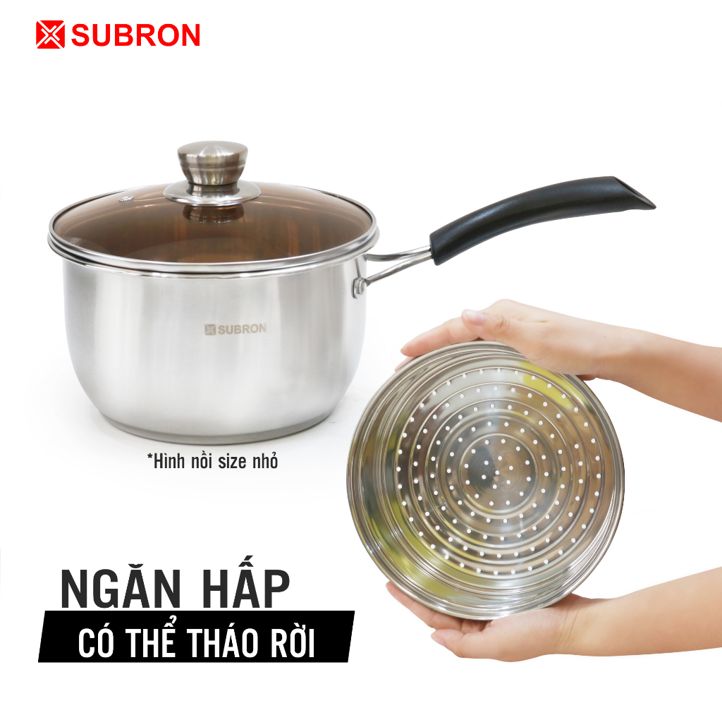 Quánh inox 2 đáy cao cấp SUBRON, nồi cán dài đa năng nấu bột, có xửng hấp đồ ăn dặm cho bé, dùng được mọi loại bếp