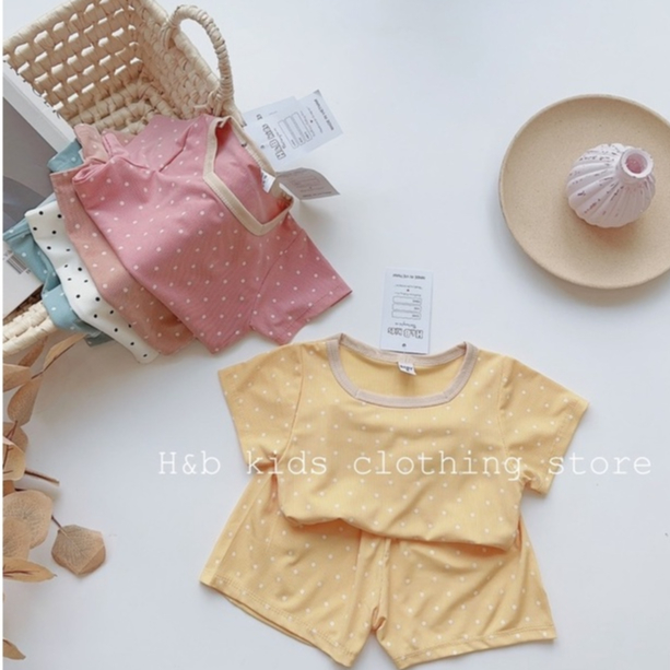 Đồ Bộ Cộc Tay Bé Gái Chất Tăm Lạnh Chấm Bi, Cổ Phối Viền Cực Xinh, Bộ Đồ Hè Cho Bé Mặc Nhà