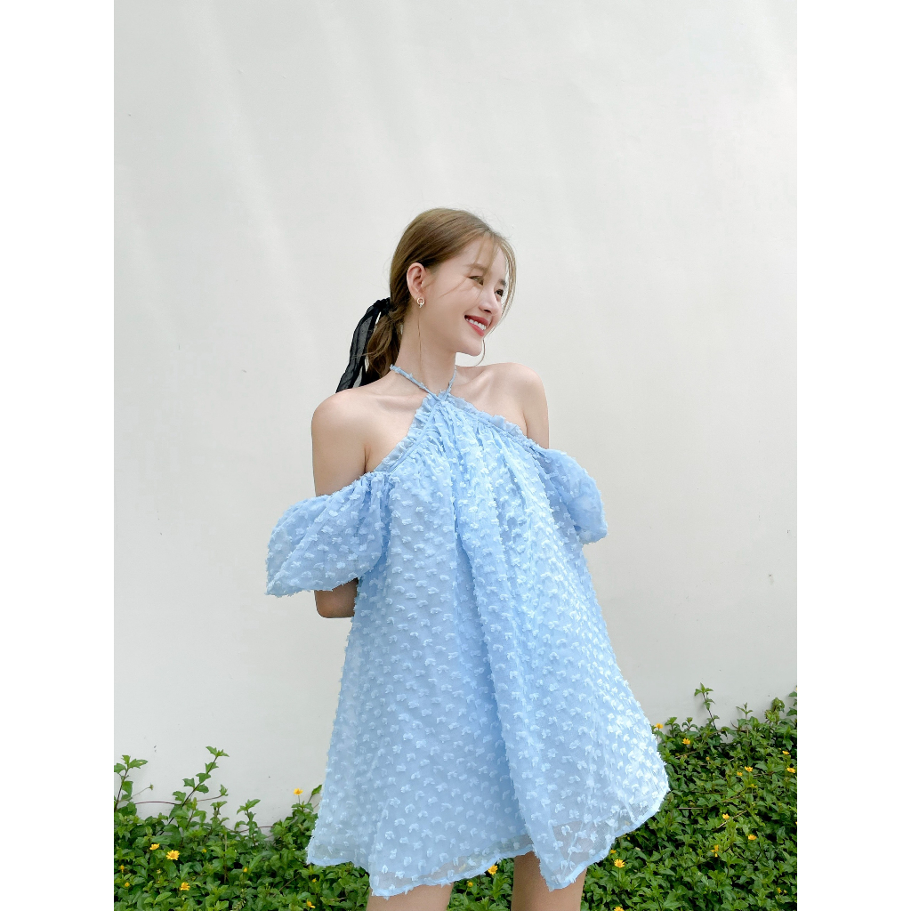 Đầm yếm babydoll xanh hoa nhí nổi phối tay bồng Waterbaby Dress