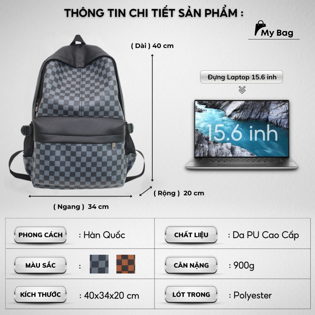 Balo Lv Da PU Cao Cấp Thời Trang Nam Nữ chống nước chống xước 42cm đựng laptopp 15.6inh