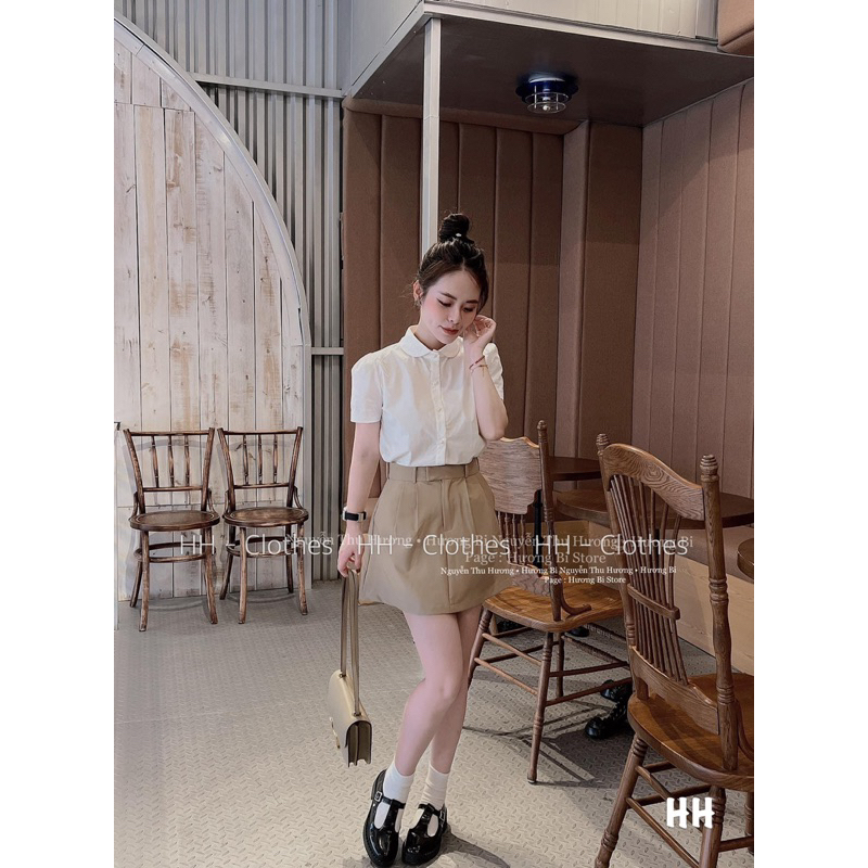 Set áo sơ mi cổ sen trắng kèm chân váy thô nâu Hương Biz