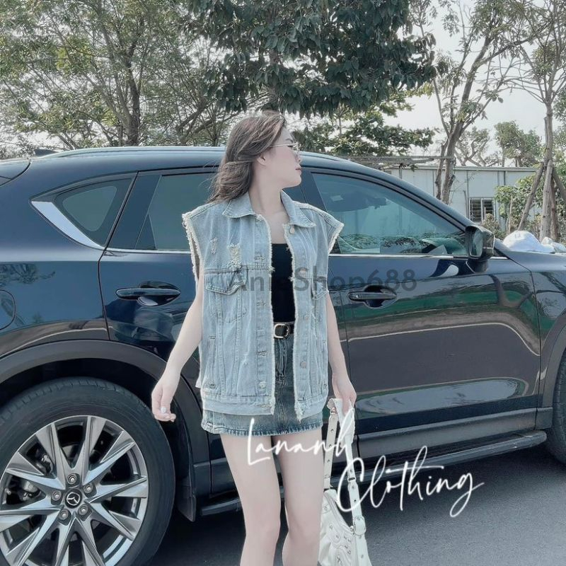 Áo Gile bò rách túi ngực cổ bẻ dáng rộng ,áo khoác ngoài from rộng UNISEX chất bò dày dặn phong cách ulzzang hàn quốc