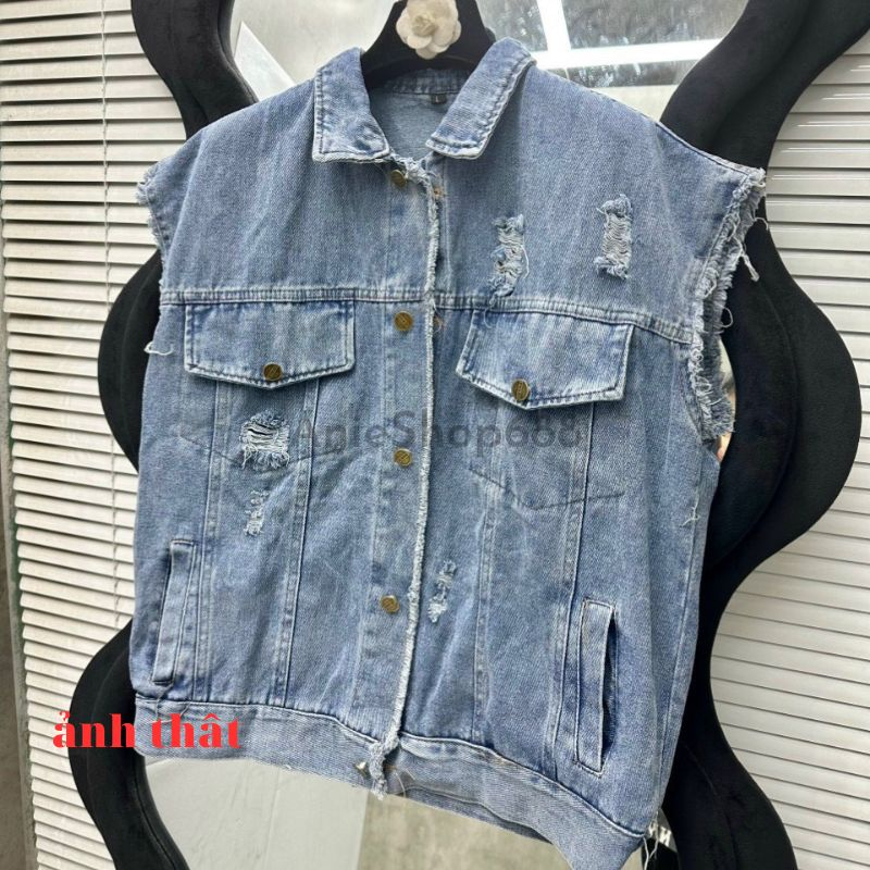 Áo Gile bò rách túi ngực cổ bẻ dáng rộng ,áo khoác ngoài from rộng UNISEX chất bò dày dặn phong cách ulzzang hàn quốc | BigBuy360 - bigbuy360.vn