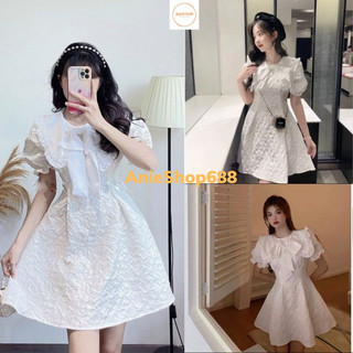 Váy tiểu thư gấm dáng xòe chữ A cổ bẻ viền bèo đính nơ- đầm gấm trắng xòe tay bồng đi học đi chơi dự tiệc dễ thương