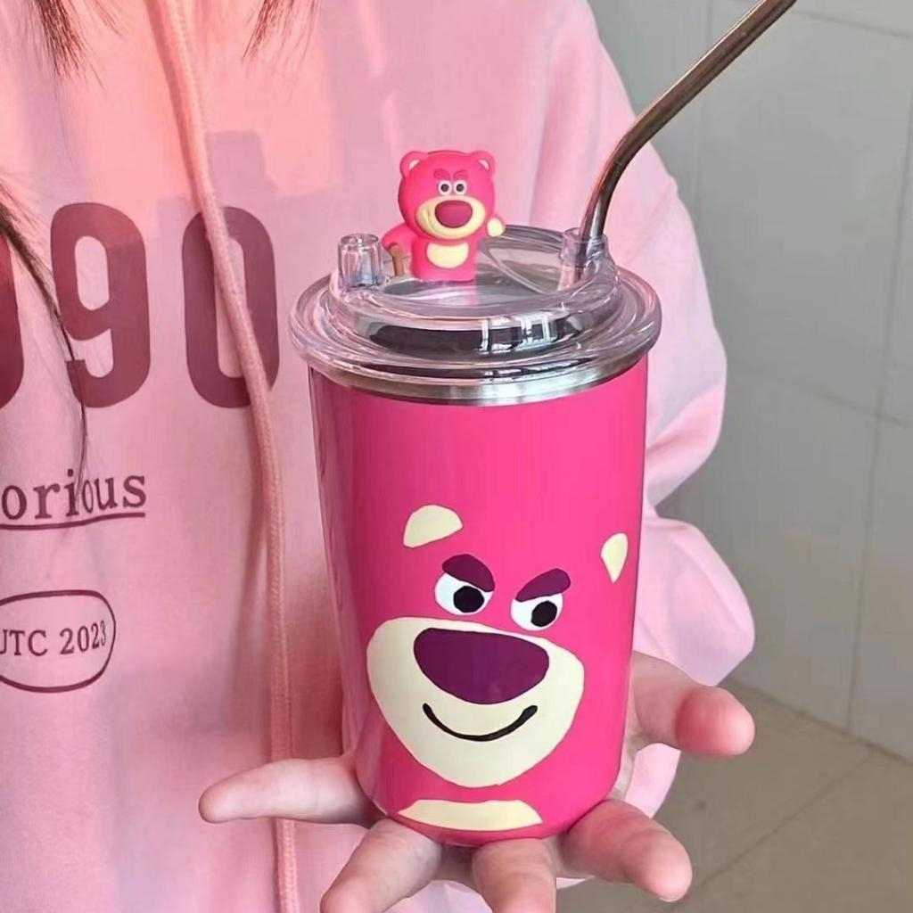 Cốc gấu dâu Losto, ly giữ nhiệt tiện dụng kèm ống hút bằng thép không gỉ dung tích 450ml -tặng kèm túi trong