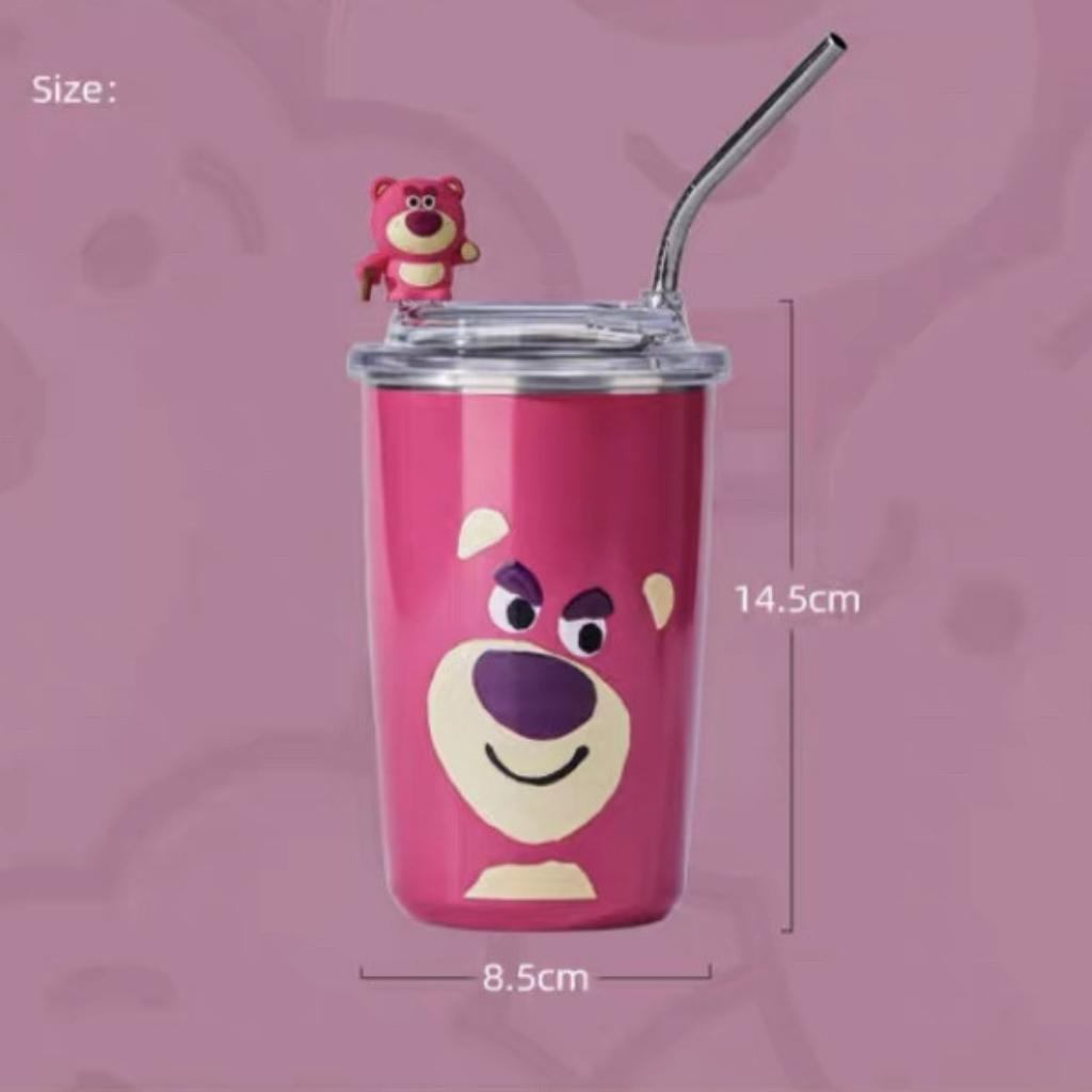 Cốc gấu dâu Losto, ly giữ nhiệt tiện dụng kèm ống hút bằng thép không gỉ dung tích 450ml -tặng kèm túi trong