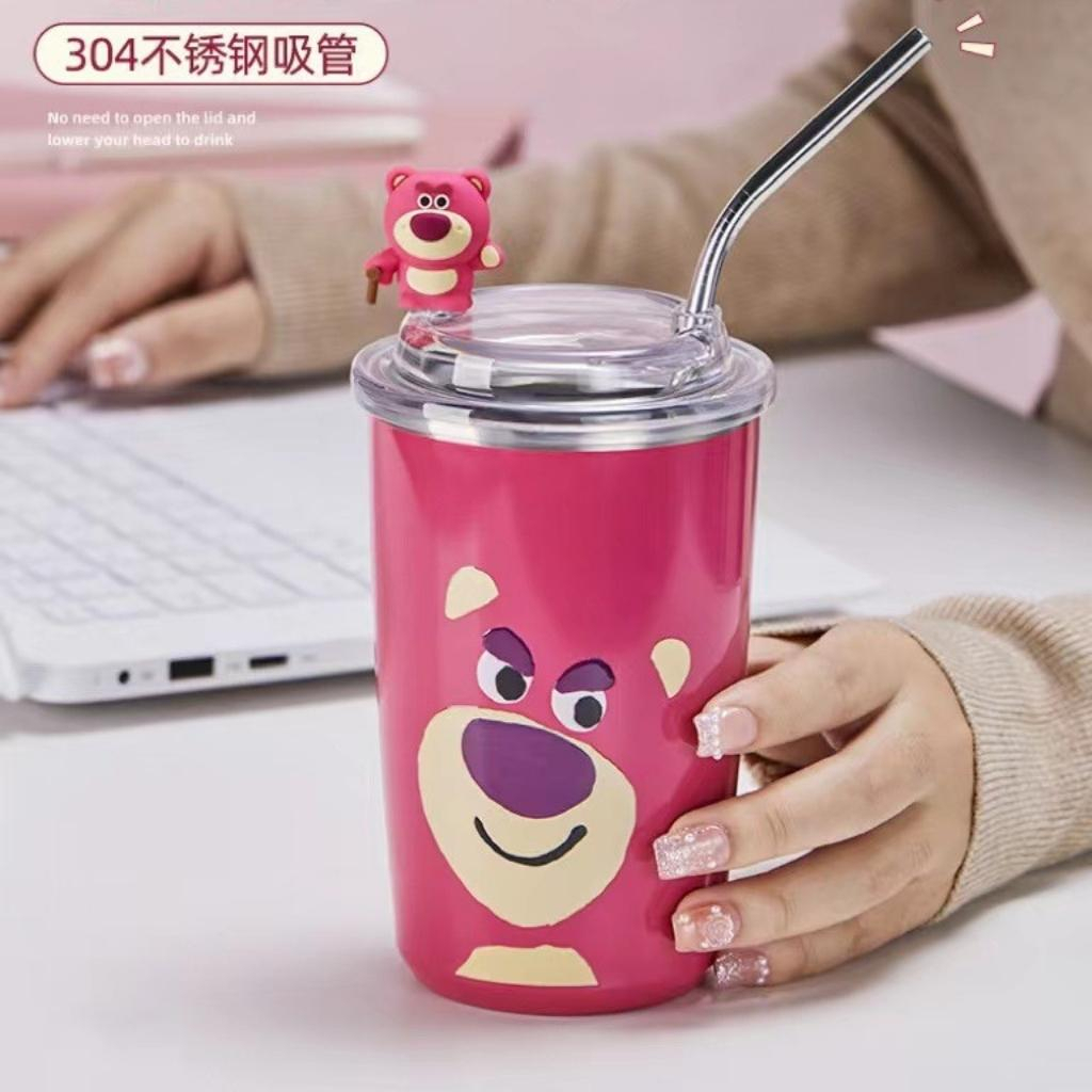Cốc gấu dâu Losto, ly giữ nhiệt tiện dụng kèm ống hút bằng thép không gỉ dung tích 450ml -tặng kèm túi trong
