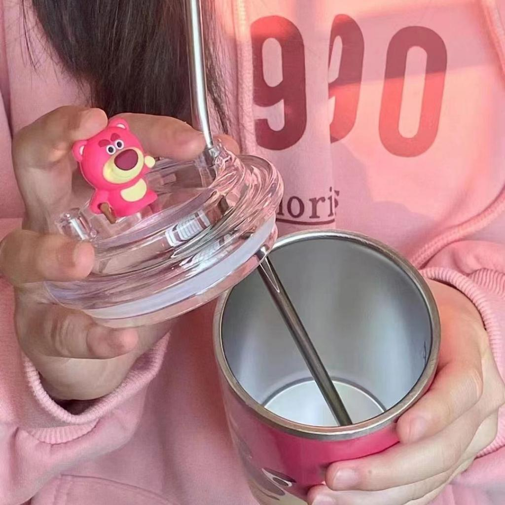 Cốc gấu dâu Losto, ly giữ nhiệt tiện dụng kèm ống hút bằng thép không gỉ dung tích 450ml -tặng kèm túi trong