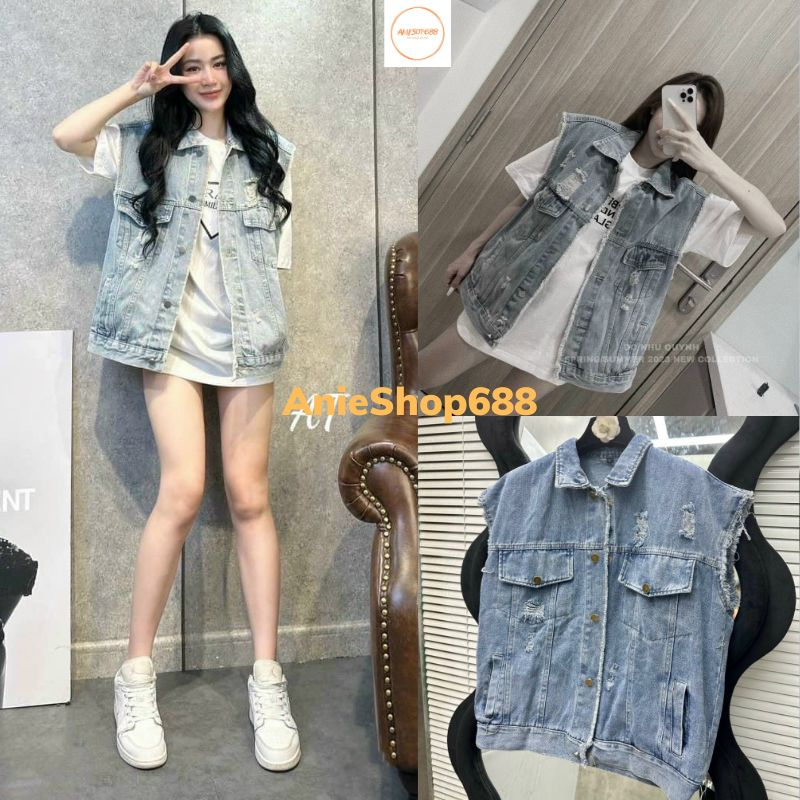 Áo khoác jean nam nữ form rộng Oversize sát nách phong cách Ulzzang xanh ,Áo ghile sát nách viền tua rua THOITRANGNU_QC