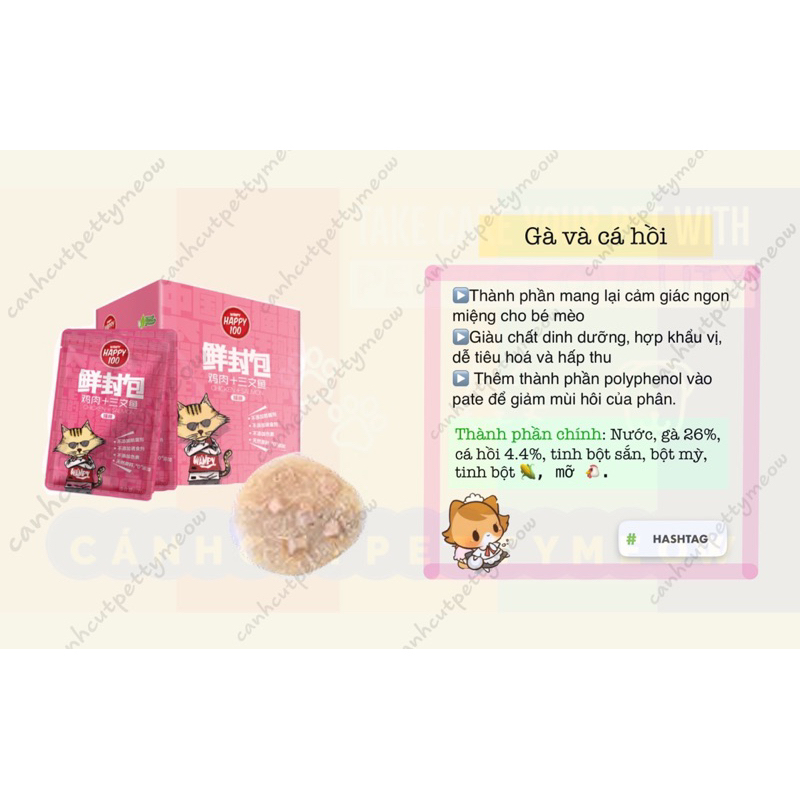 PATE HAPPY 100 CHO MÈO  PATE THƠM NGON, TOPPING RÕ SỢI THỊT
