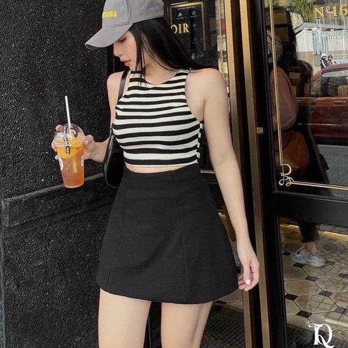 Chân váy A ngắn lưng cao dáng công sở ôm xòe màu đen nâu xếp ly - Chân váy chữ A cạp liền có quần trong đi biển đẹp M089