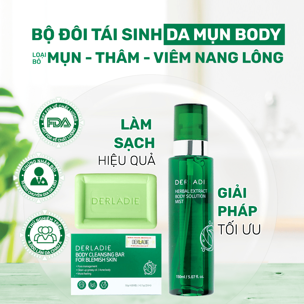 Combo Giảm Mụn, Mờ Thâm, Giảm Viêm Nang Lông Derladie Herbal Extract 1 Xịt Body 150ml + 2 Xà phòng 50g