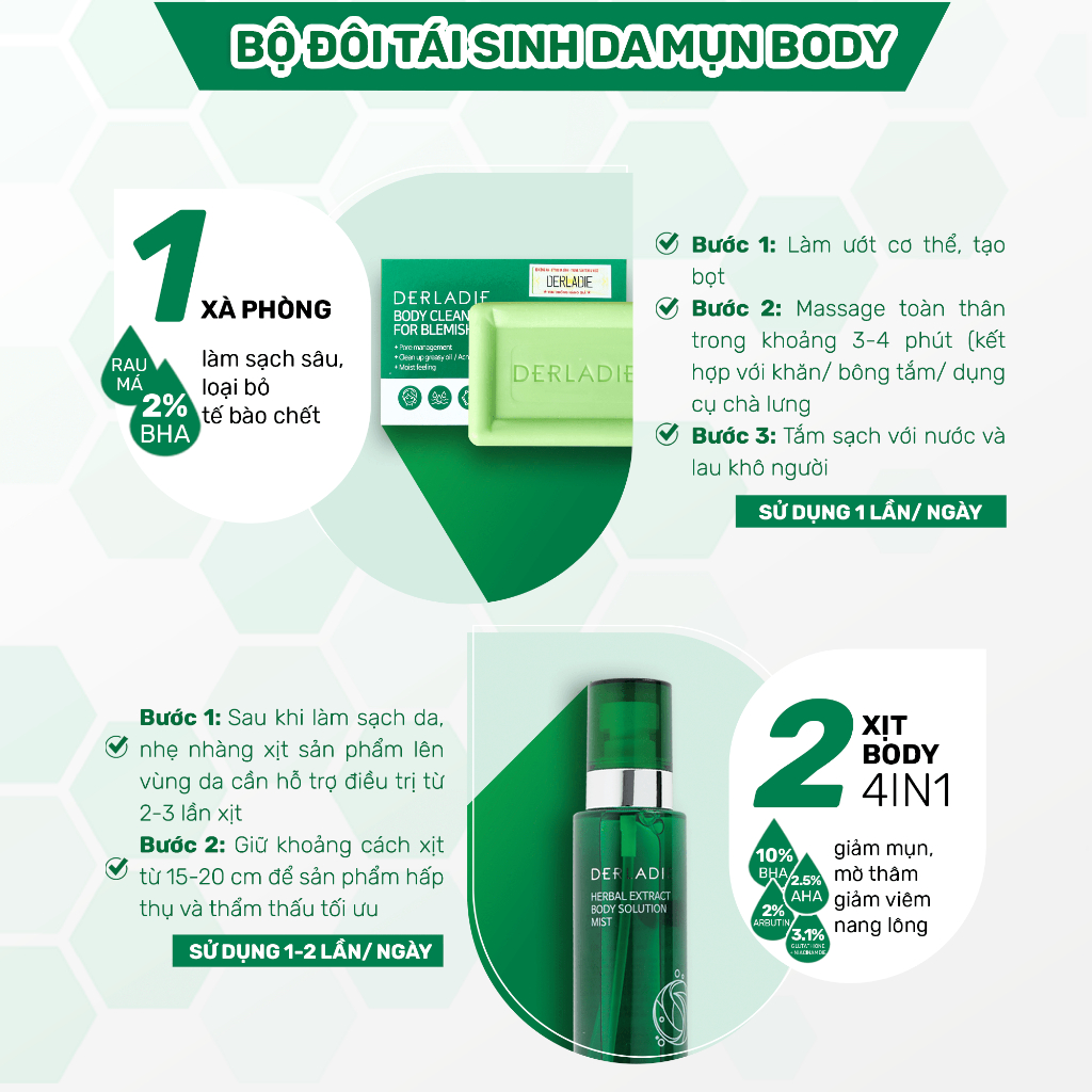 Combo Giảm Mụn, Mờ Thâm, Giảm Viêm Nang Lông Derladie Herbal Extract 1 Xịt Body 150ml + 2 Xà phòng 50g