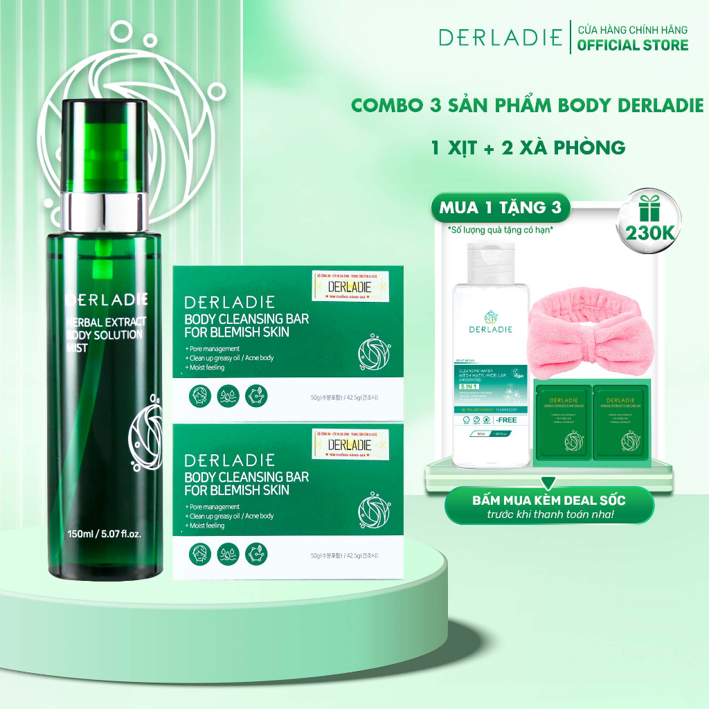 Combo Giảm Mụn, Mờ Thâm, Giảm Viêm Nang Lông Derladie Herbal Extract 1 Xịt Body 150ml + 2 Xà phòng 50g