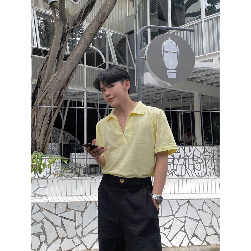 Áo Polo Phom Rộng Nam Nữ FVNXY Màu Vàng Sọc Sọc