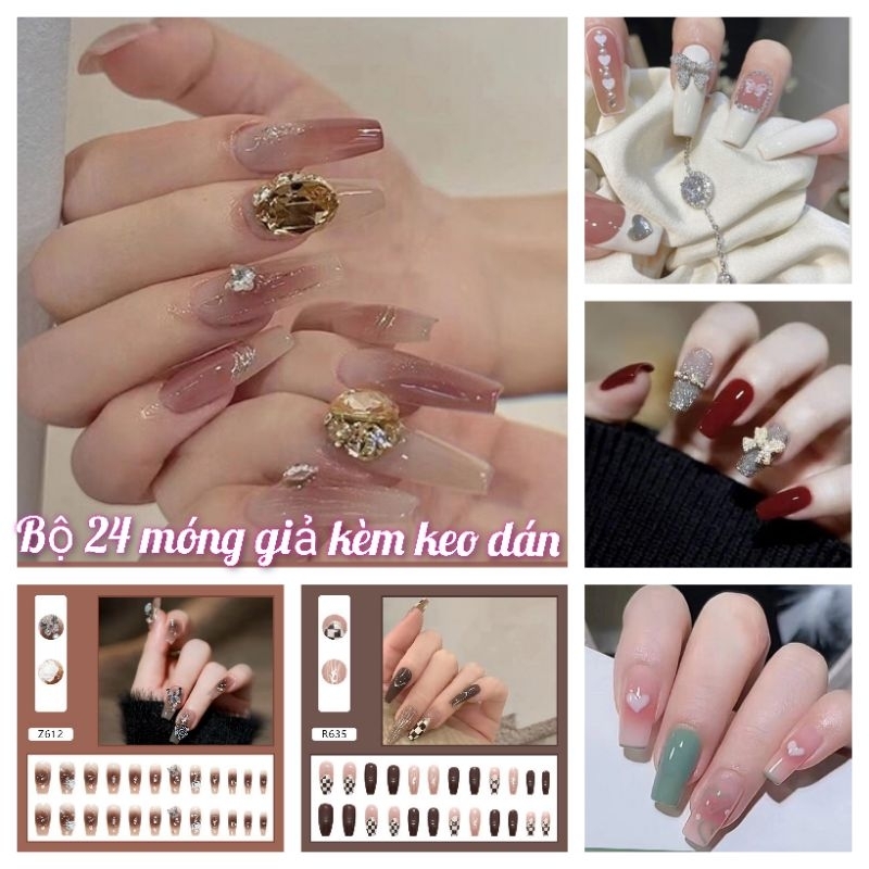 Hộp 24 Dán Móng Tay Giả Nail Tặng Kèm Keo Dán Móng Họa Tiết Bắt Mắt Chống Thấm Nước