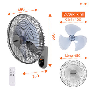 Quạt treo có remote Nanoco model NWF1612RC (3 cấp độ gió, bạc thau, công suất 47W, cánh 40cm)