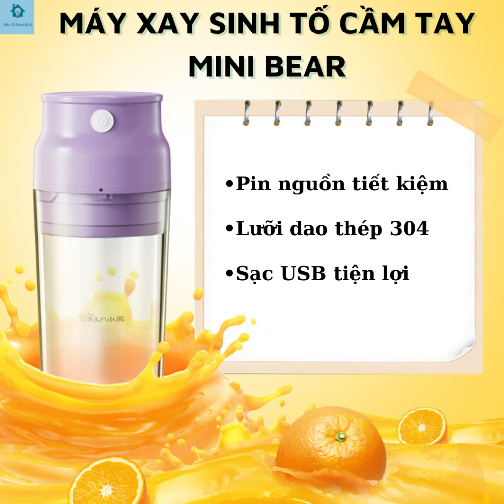 Máy xay sinh tố cầm tay mini Bear - Máy say đa năng , hoa quả pin bền dung tích 300ml
