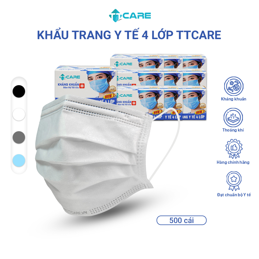 Combo 10 hộp Khẩu trang y tế 4 lớp kháng khuẩn 99% chống bụi bẩn tiêu chuẩn Bộ Y tế thương hiệu TTcare hộp 50 cái