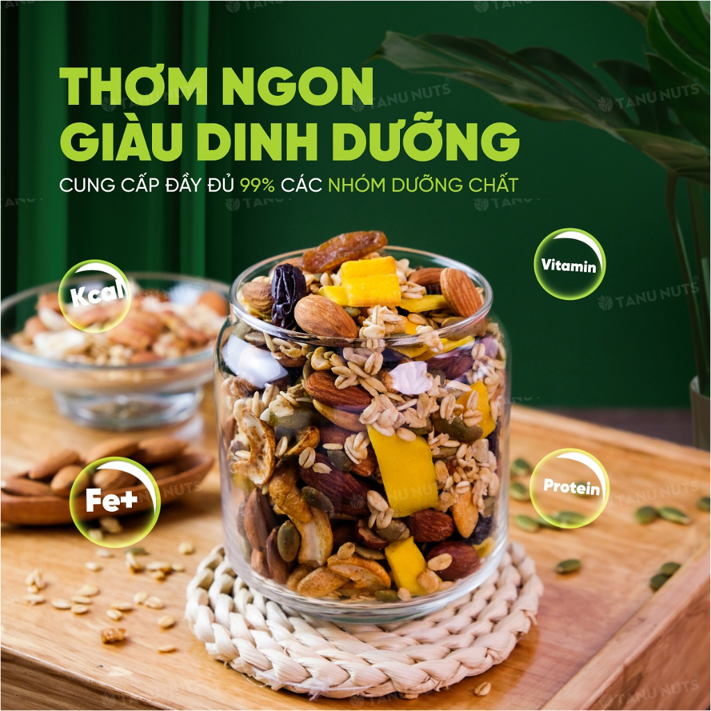 Granola siêu hạt 15% yến mạch TANU NUTS, ngũ cốc ăn kiêng giảm cân không đường healthy tốt cho gym, yoga