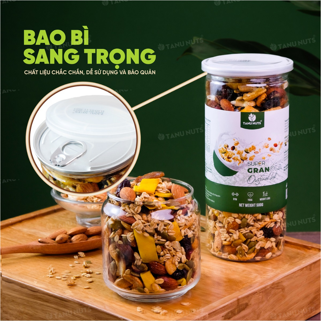 Granola siêu hạt 15% yến mạch TANU NUTS, ngũ cốc ăn kiêng giảm cân không đường healthy tốt cho gym, yoga