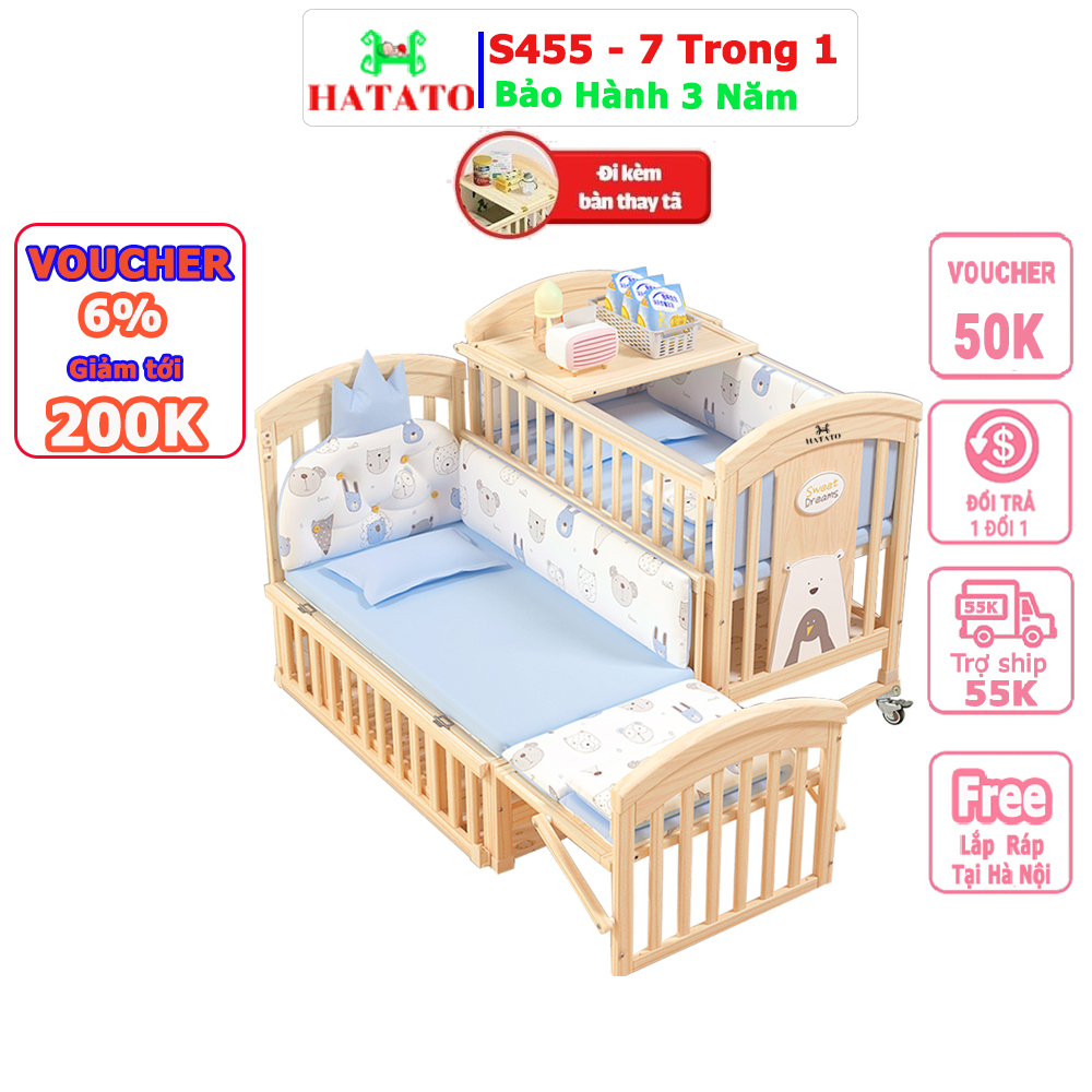 Nôi Cũi Cho Bé S459 Hatato BH-3năm dùng cho trẻ đến 12 tuổi có 7 chức năng chuyển thành giường cho bé và quây cũi cho bé