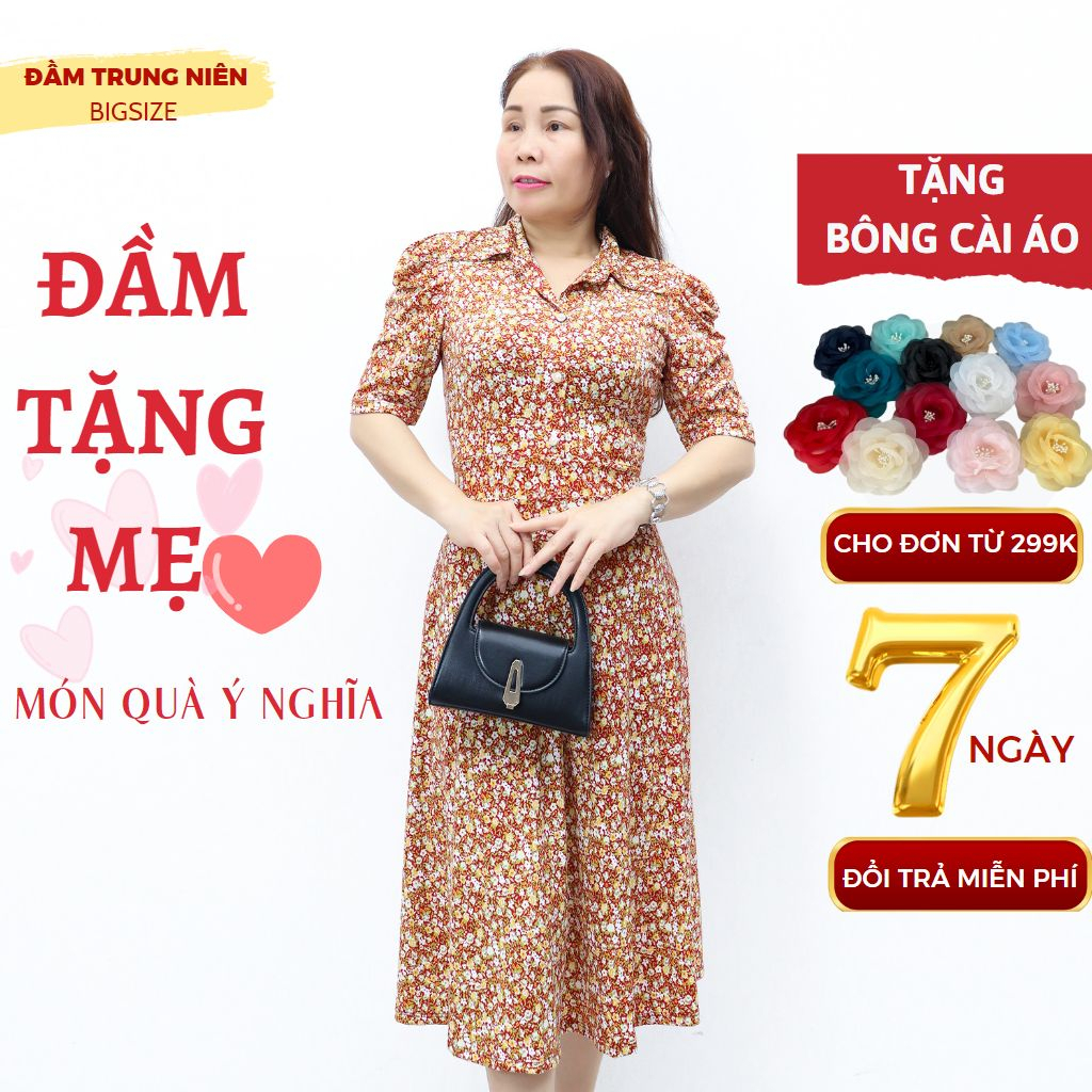 Váy trung niên tặng mẹ bigsize dự tiệc sang trọng AMYRA - Đầm trung niên dáng suông phối nút tặng mẹ 45-85kg VA044