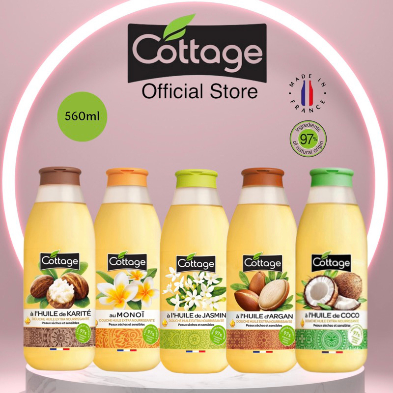 Sữa tắm Oil Extra Cottage của Pháp, phân phối chính hãng, dung tích 250ml / 560ml, Cottage oil, hoa nhài,trà,đại,monoi