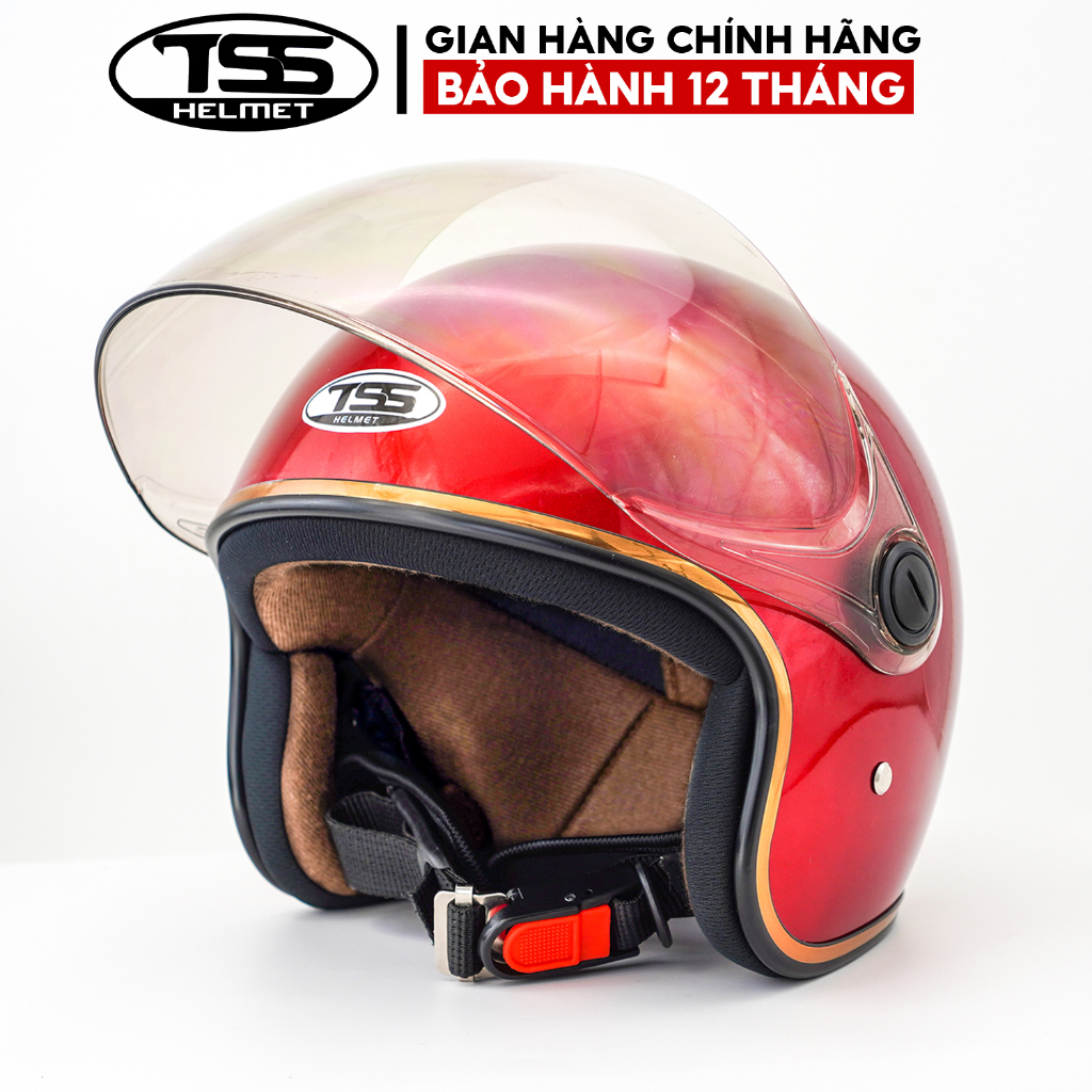 Mũ Bảo Hiểm 3/4 đầu TSS Helmet, có kính che tới cằm, kiểu dáng trẻ trung cho nam và nữ - Đỏ Đô Bóng