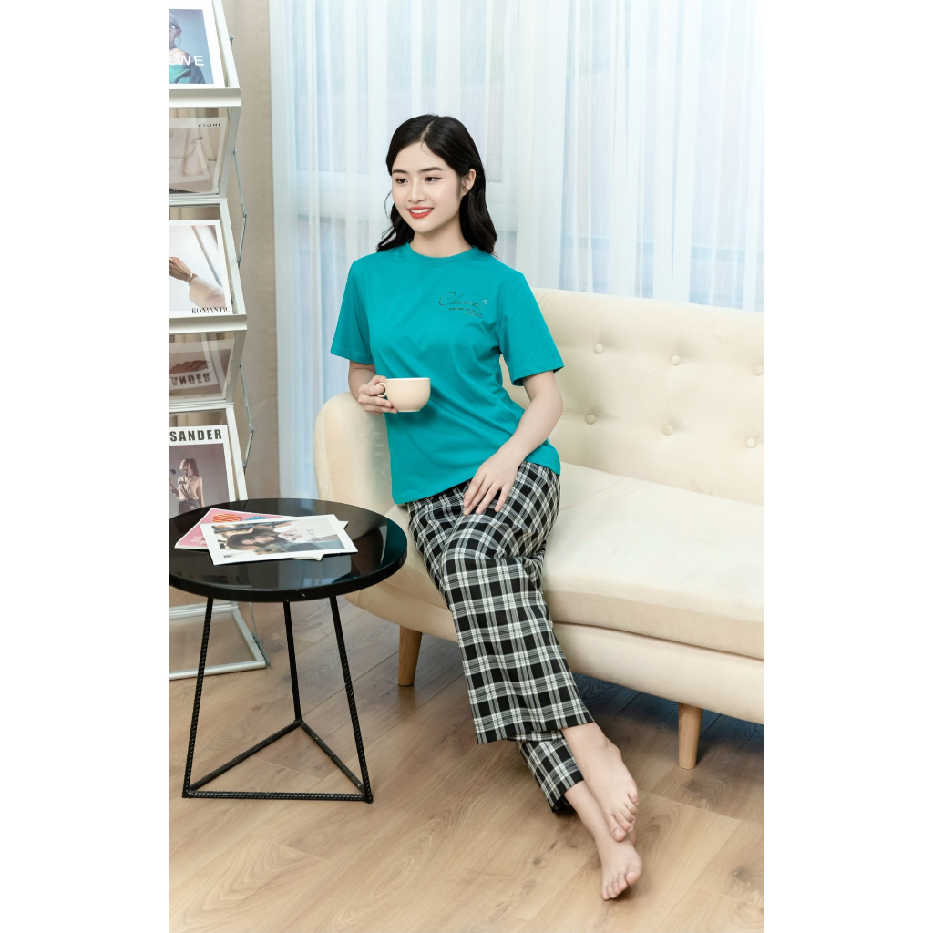 Đồ bộ mặc nhà nữ CHAMEL -set bộ nữ cotton Kate áo cộc quần dài kẻ ô