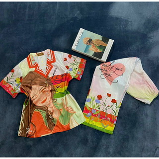 Bộ pijama lụa xước cộc tay cô gái viền hoa