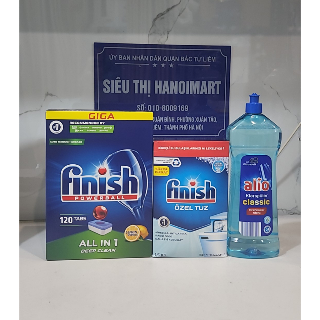 Combo 120 viên rửa bát finish all in one + muối finish 1.5kg + Nước làm bóng alio 1 lít dùng cho máy rửa bát