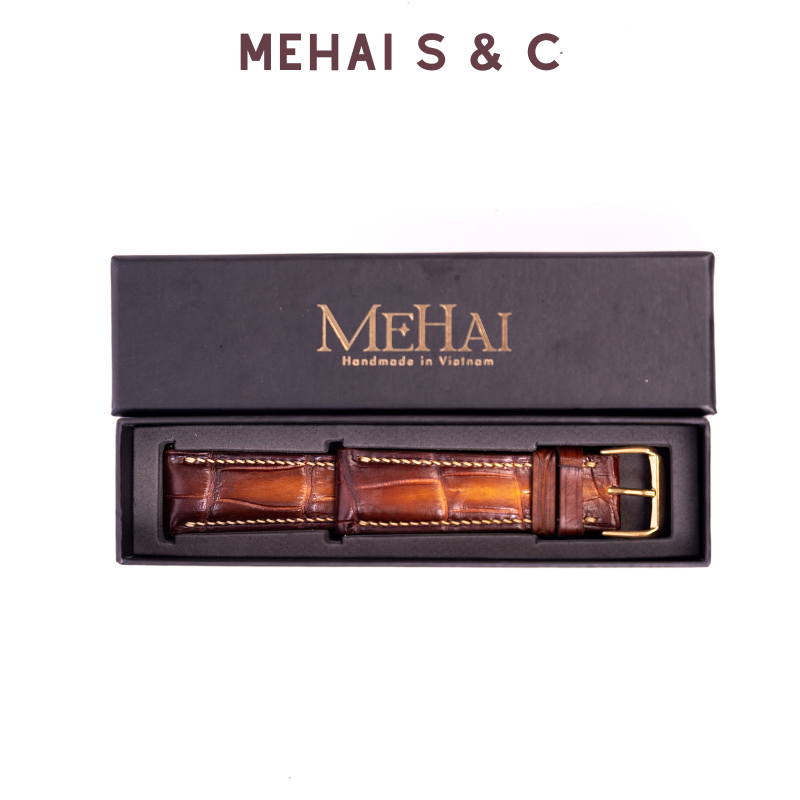 MHCSP-Dây đồng hồ nam da cá sấu đốt tre khâu tay thủ công size 20mm, 22mm