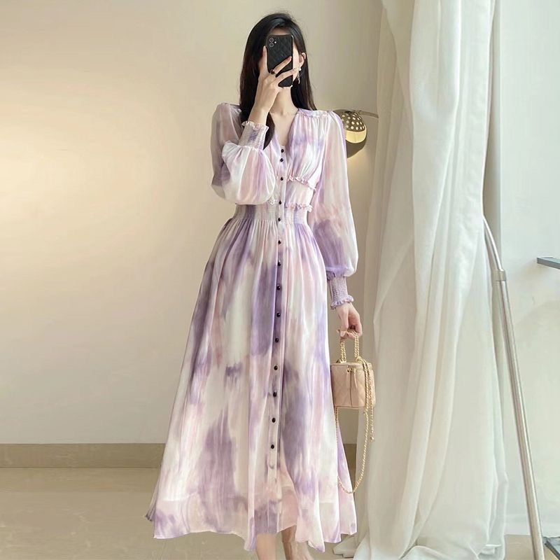 Đầm thiết kế dự tiệc tím violet tay dài loang nhẹ nhàng dạo phố công sở dành cho nữ