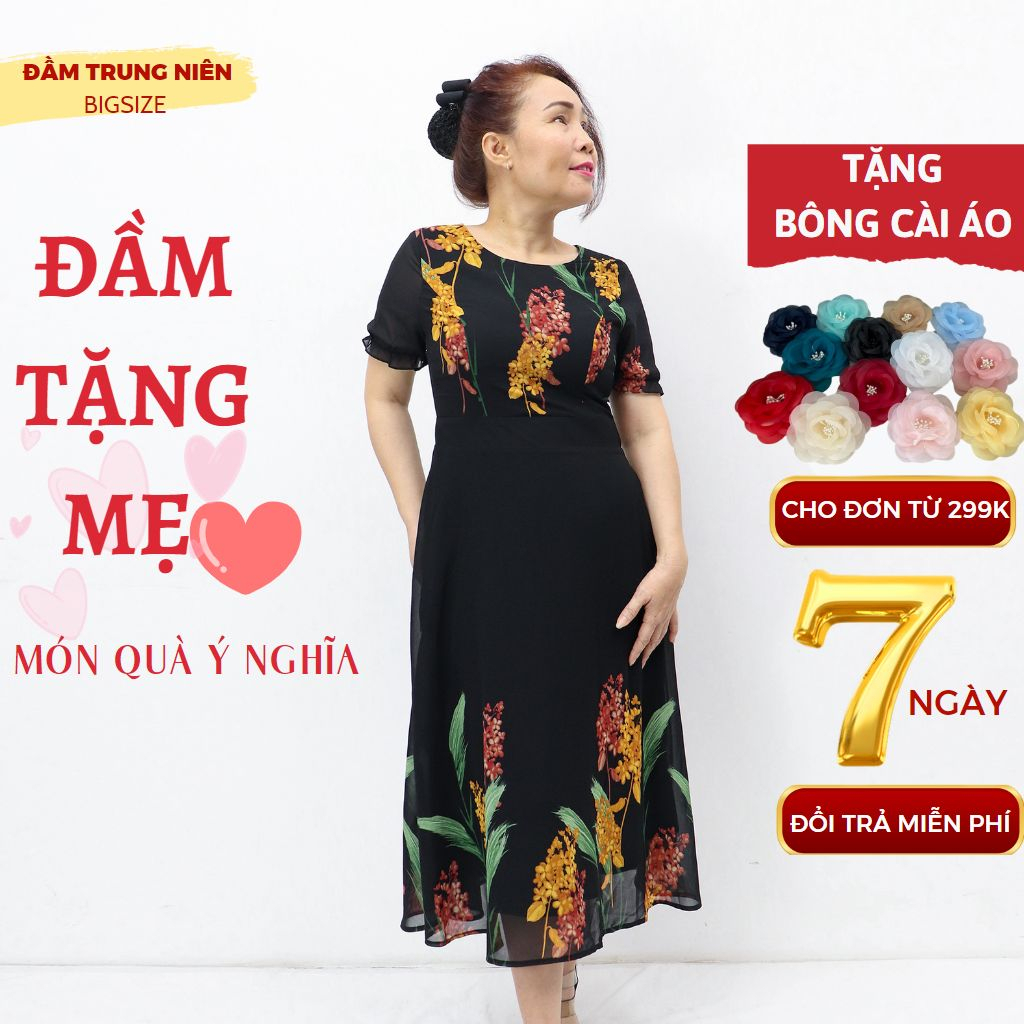 Đầm trung niên cao cấp sang trọng bigsize tặng cho mẹ AMYRA thiết kế dáng xòe voan phối lưới tôn dáng giấu bụng DA109