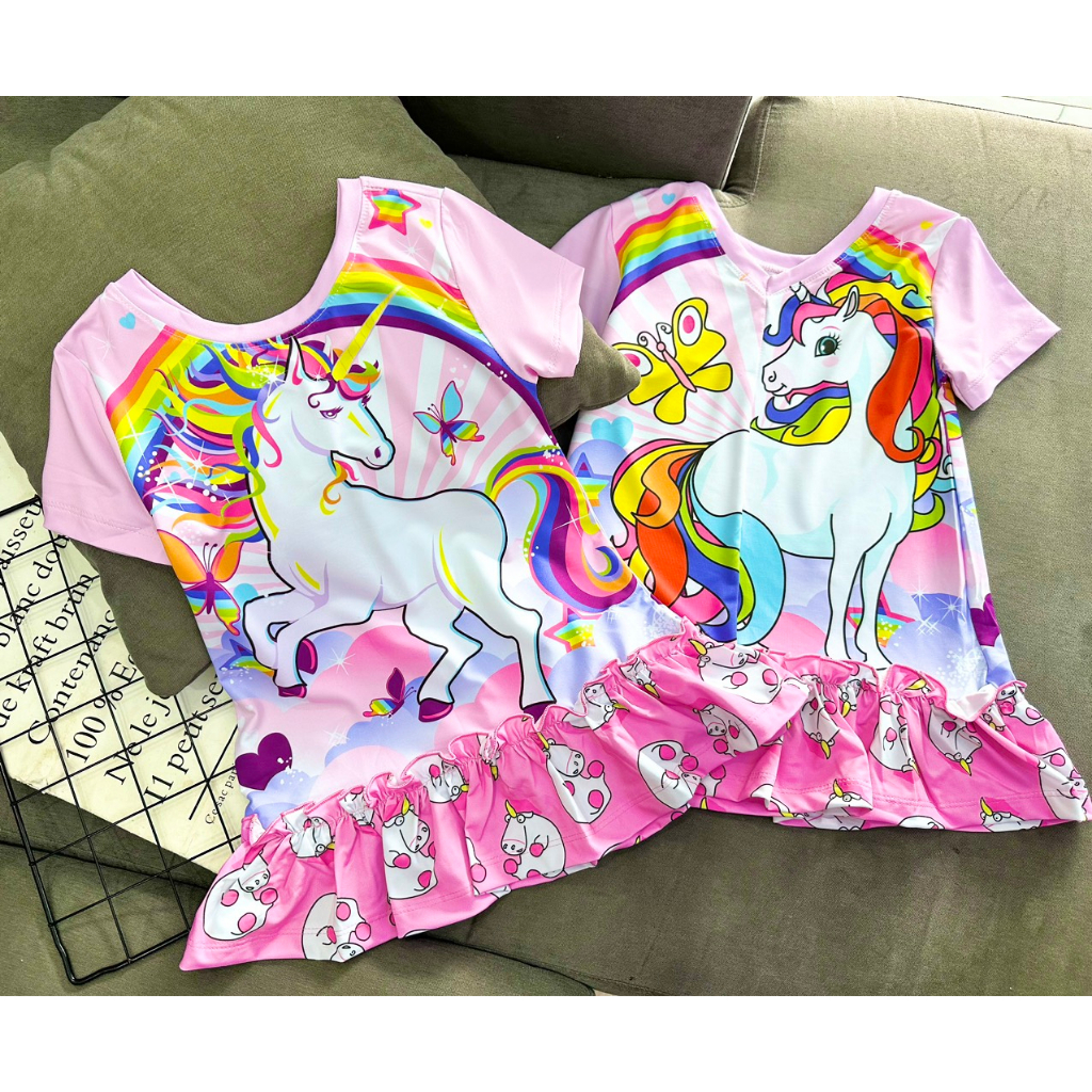 Đầm váy suông tay phồng mùa hè cho bé gái hình Pony Hello kitty Mickey Doremon size 10-38kg chất cotton mềm mát