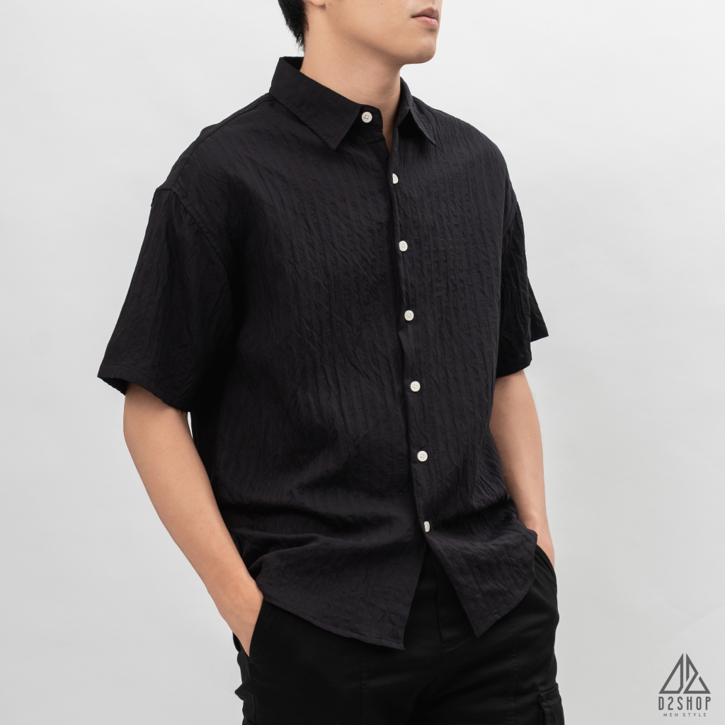 Áo sơ mi nam D2shop, áo sơ mi nam ngắn tay, vải gân sọc nổi, màu trắng, đen, xanh