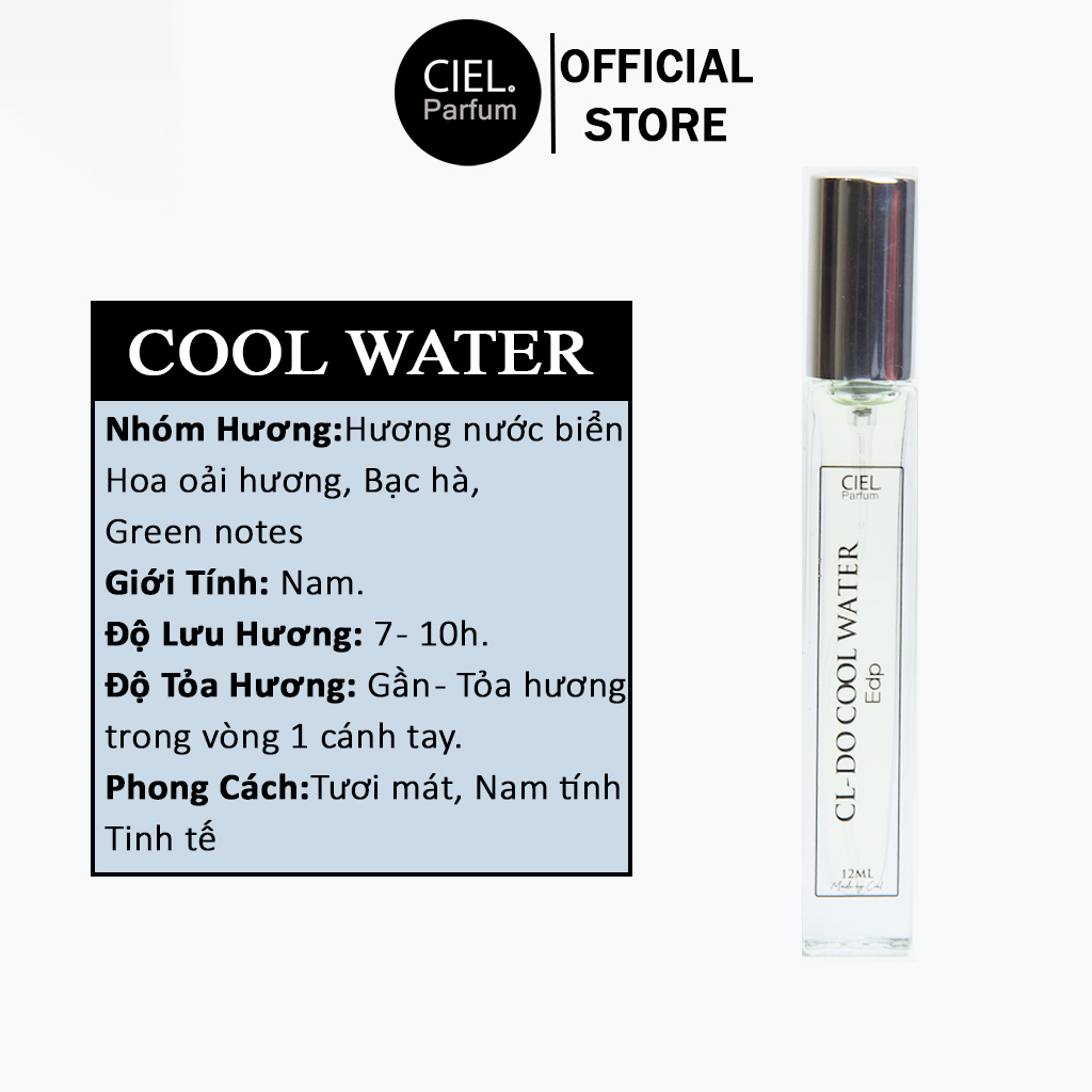 Nước hoa nam cao cấp CL DO COOL WATER Edp chính hãng CIEL Parfum 12ml phong cách Tươi mát, Nam tính, Tinh tế